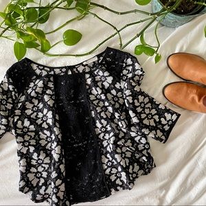 LUSH Black & White Flower Embroidered Top